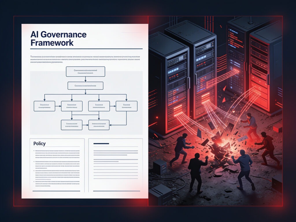 Comparison showing AI governance framework documentation versus operational reality