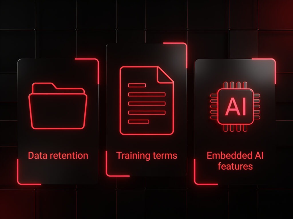 Diagram showing AI supplier risk across data retention, training terms, and embedded AI features