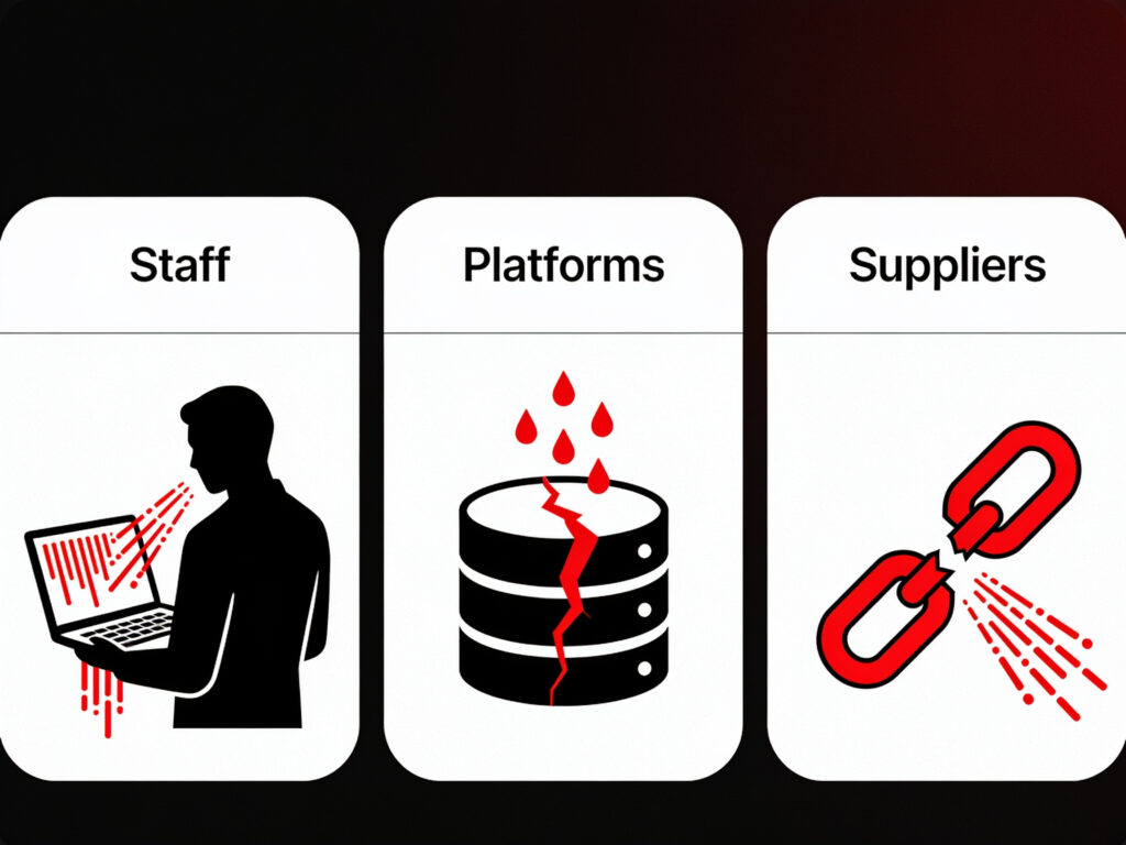 Diagram showing five common AI data leakage scenarios across staff, platforms, and suppliers