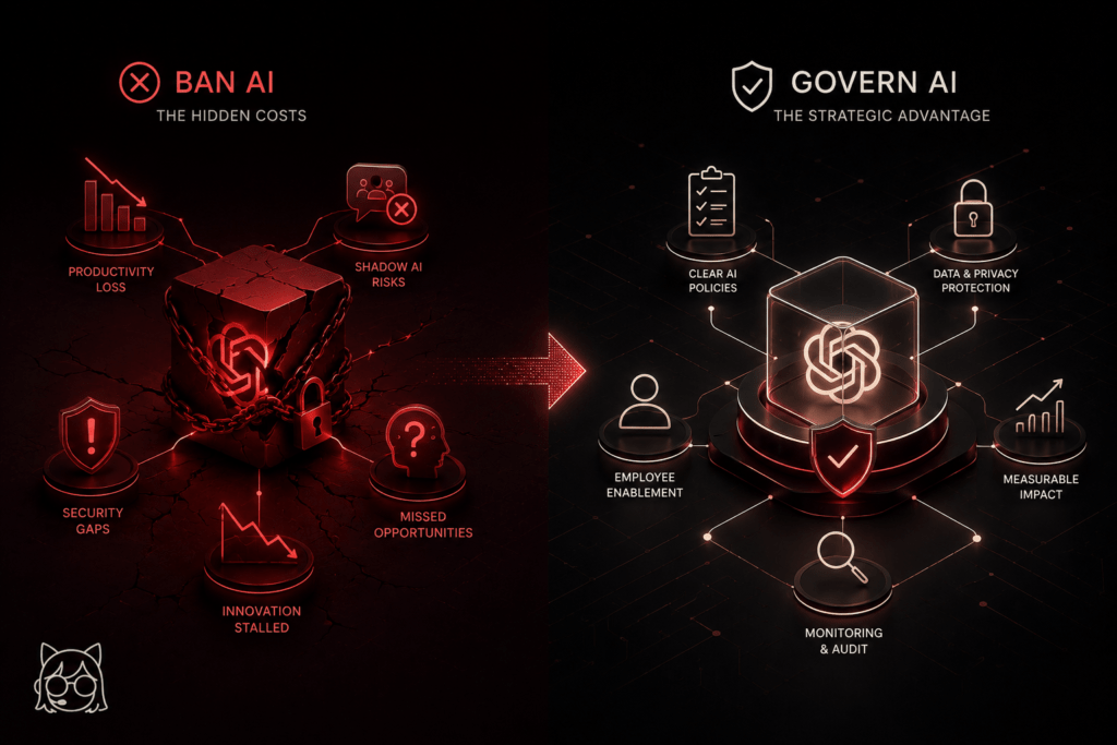 Diagram showing what happens when an organisation bans ChatGPT versus governing AI usage