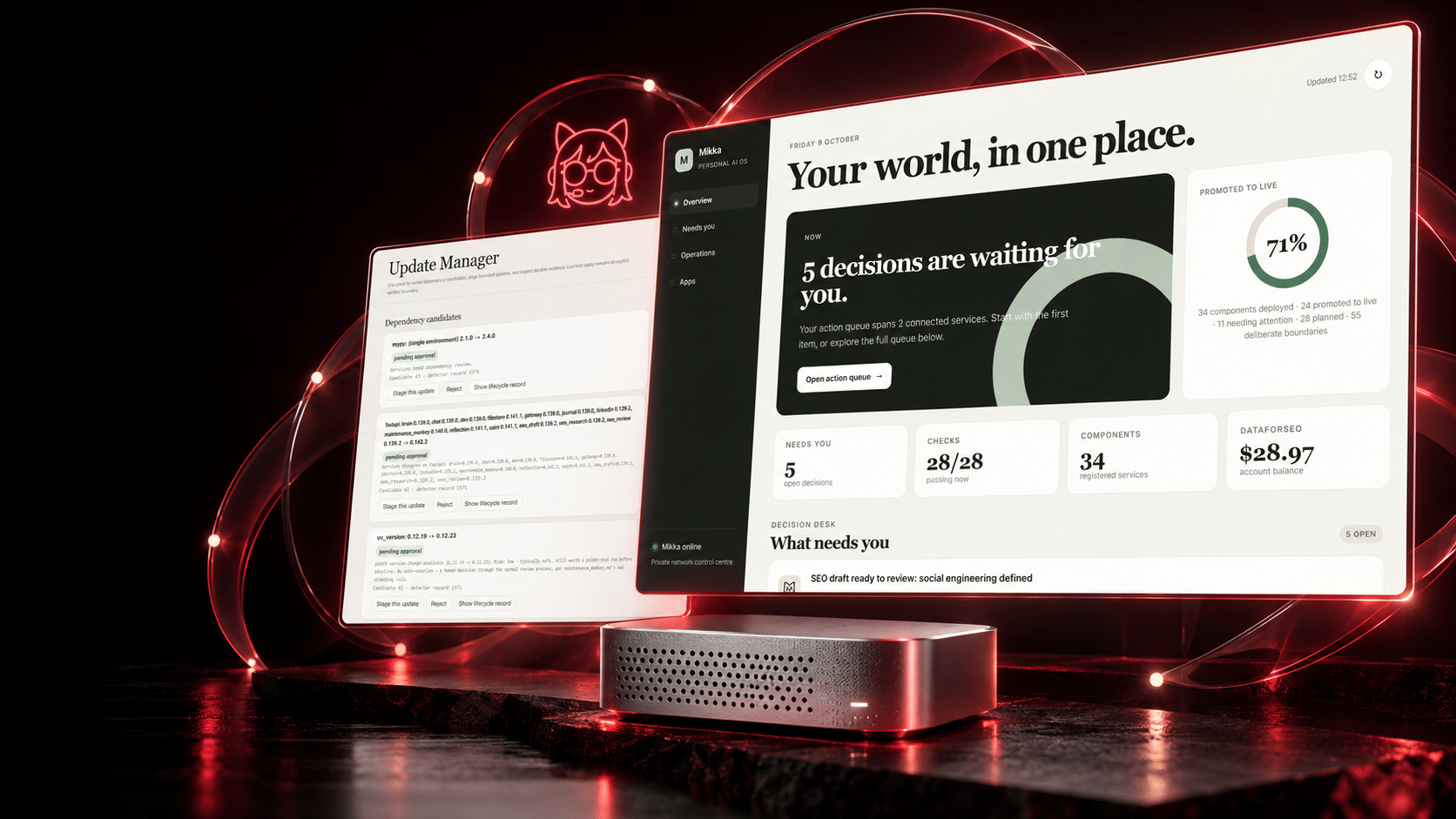 Mikka dashboard and supervised update workflow running on private infrastructure